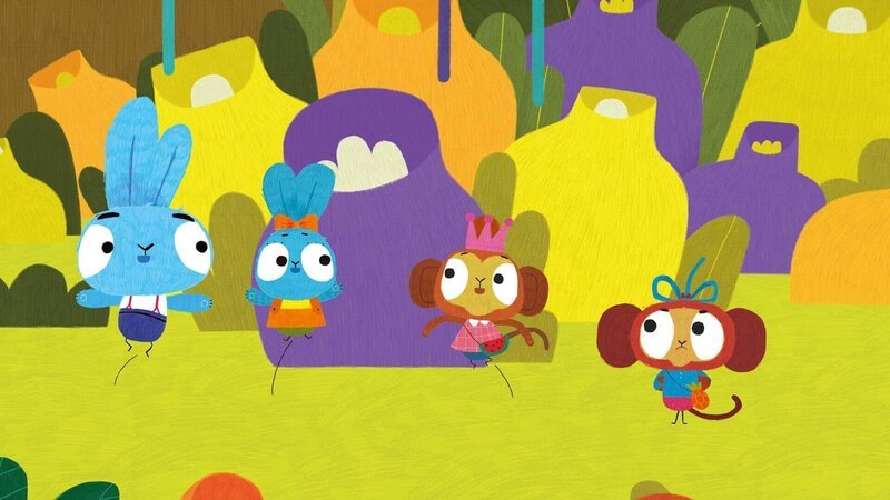 Bop (li.) und Boo (2.v.li.) wollen mit ihren AffenDschungeläffchen Freundinnen Chika (2.v.re.) und Chuka (re.) das „Nachmach- Spiel“ spielen. Dabei darf jeder mal der „Anführer“ sein und die anderen müssen ihm nachmachen, was er vormacht. Leider geraten sich Chika und Chuka schnell in die Haare … – Bild: 2020 publishing house Glowberry Books LLC.