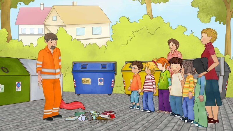 Klaus, der Müllmann erklärt den Kindern, worauf sie beim Müllsortieren achten müssen. – Bild: ZDF und (c) Henning Windelband (Youngfilms GmbH)