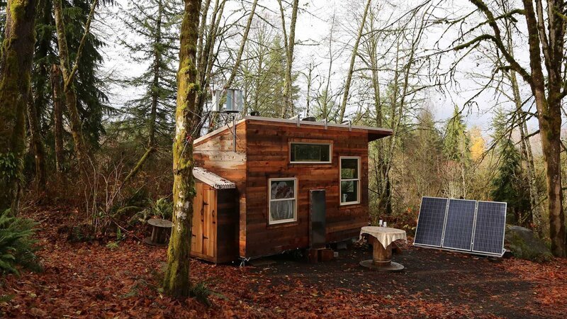 Moss covered trees, ferns and orange and brown leaf litter surround Sophie’s finished tiny house, as an uncommon window of light breaks through the dull, gray winter sky, in Seattle, Washington, as seen on Tiny House, Big Living. – Bild: 2018, Scripps Networks, LLC. All Rights Reserved.