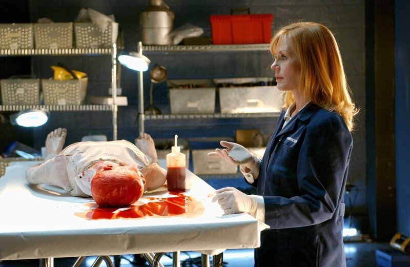 Catherine (Marg Helgenberger) präpariert den Dummy, um den Mord an einem kleinen Jungen nachzustellen. – Bild: RTL /​ CBS