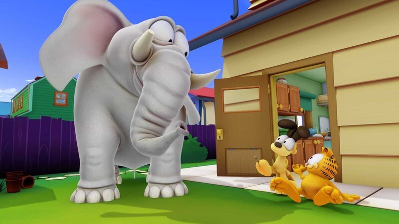 Shrimpy, der Elefant, wird von seinem Besitzer schlecht behandelt und flieht mit Hilfe von Garfield und Odie. – Bild: HR/​DARGAUD MEDIA