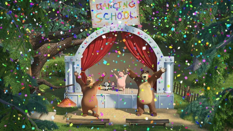 Am Ende tanzen Mascha, die Bären, der Panda und das Schwein zusammen. – Bild: KiKA/​Animaccord Animation Studio