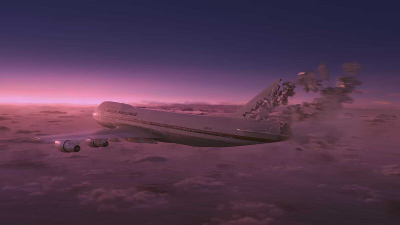 REENACTMENT – Die Ermittler kommen zu dem Schluss, dass das Versagen des hinteren Druckschotts des JAL-Flugs 123 eine explosive Dekompression verursachte, die das Seitenleitwerk des Flugzeugs abriss und die Boeing 747 unkontrollierbar machte. (Cineflix 2022) – Bild: Cineflix 2022 /​ Cineflix 2022