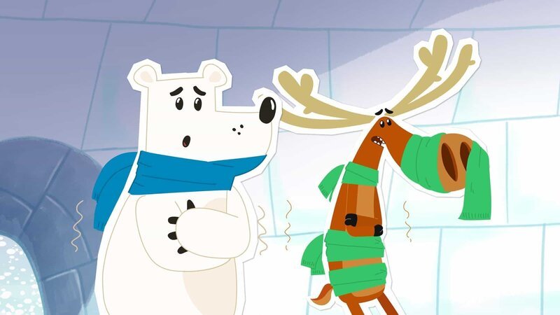 Dass der Elch Hubert friert, kann ja schon mal vorkommen. Aber es muss schon wirklich sehr, sehr kalt sein, wenn es sogar dem Nordpolbären Grumpel in seinem dichten Fell zu viel ist. Beide stehen klappernd in Inuis Iglu, weil dort unglücklicherweise der Ofen ausgefallen. Was sollen sie tun? – Bild: ZDF/​JEP Animation