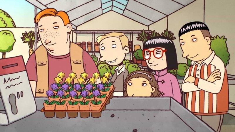 Von links. Checker, Oskar, Soo-Min,Samira und Nuri stehen im Blumenladen und schauen auf gelbe und violette Blumen. – Bild: WDR