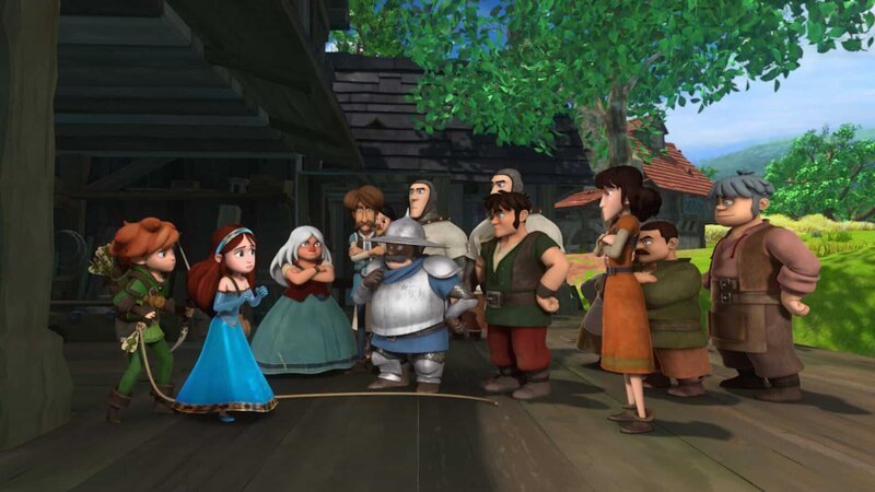 Der Sheriff und die Dorfbewohner haben Robin Hood gestellt. Marian verteidigt ihn und beteuert seine Unschuld. – Bild: ZDF und 2014 Method Animation