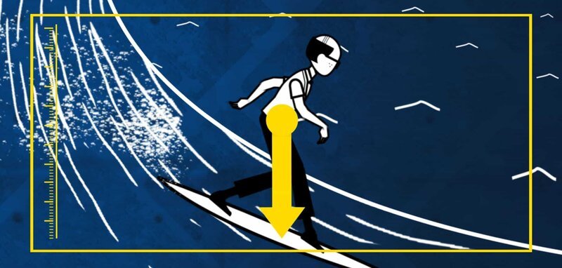 Der Surfer muss beim Wellenreiten leicht in die Knie gehen, um sein Gewicht optimal zu verteilen. Indem er die Board-Spitze über der Wasseroberfläche hält, verringert er den Widerstand und gleitet ohne Probleme weiter übers kühle Nass. – Bild: Copyright © The National Geographic Channel.