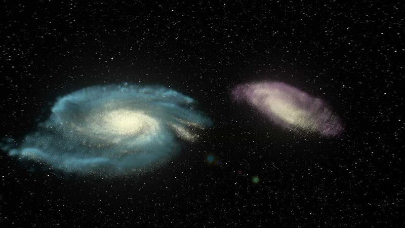 Zwei Galaxien kollidieren und bilden neue Sterne. – Bild: Windfall Films LTD