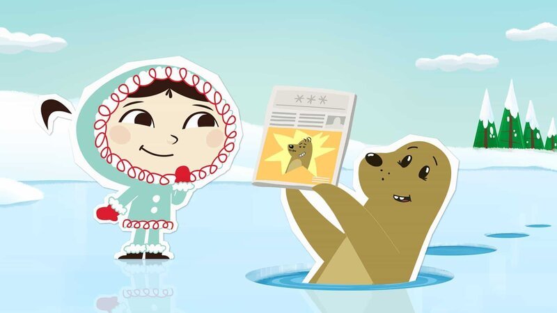 Seehund Sascha zeigt Inui das Titelbild einer Zeitung, auf dem sein Cousin für einen Weltrekord gefeiert wird. Sascha möchte auch eine besondere Bestleistung aufstellen â€“ und zwar die, als erster Seehund mit einem Sprung über zehn Eislöcher gesprungen zu sein. – Bild: ZDF/​JEP Animation
