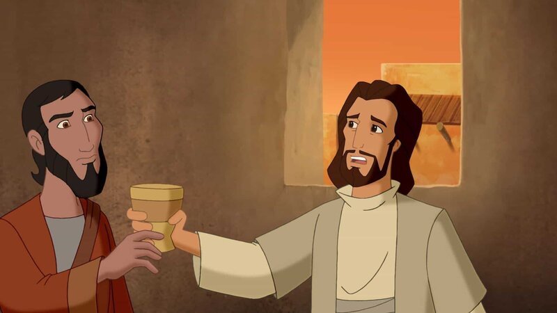 Jesus reicht seinem Jünger den Rotweinkelch zum letzten Abendmahl. – Bild: KiKA