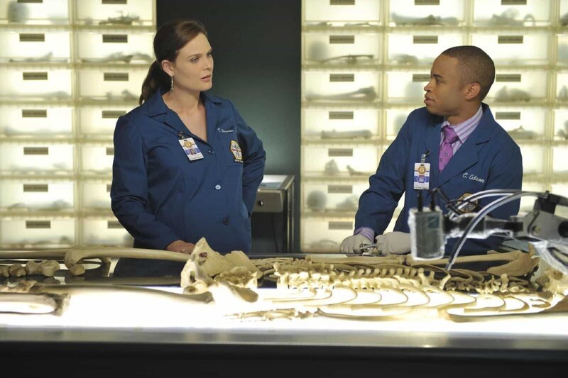 Brennan (Emily Deschanel) erfährt von Dr. Edison (Eugene Byrd), dass dieser anhand der Zahndaten des gefundenen Gebisses feststellen konnte, dass das Opfer Mitarbeiter in dem Copy-Shop war, von dem die Pakete verschickt wurden. – Bild: TVNOW /​ FOX