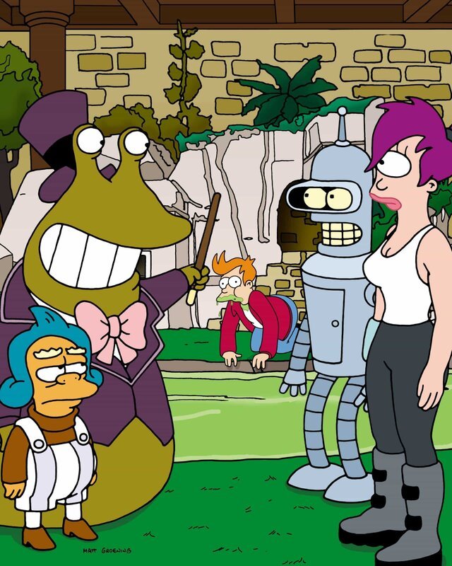 Fry (M.); Leela (r.); Bender (2.v.r.) – Bild: 1999 Twentieth Century Fox Film Corporation. All rights reserved.