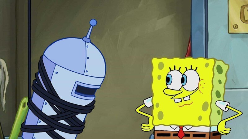 L-r: Trash bot, SpongeBob – Bild: Paramount