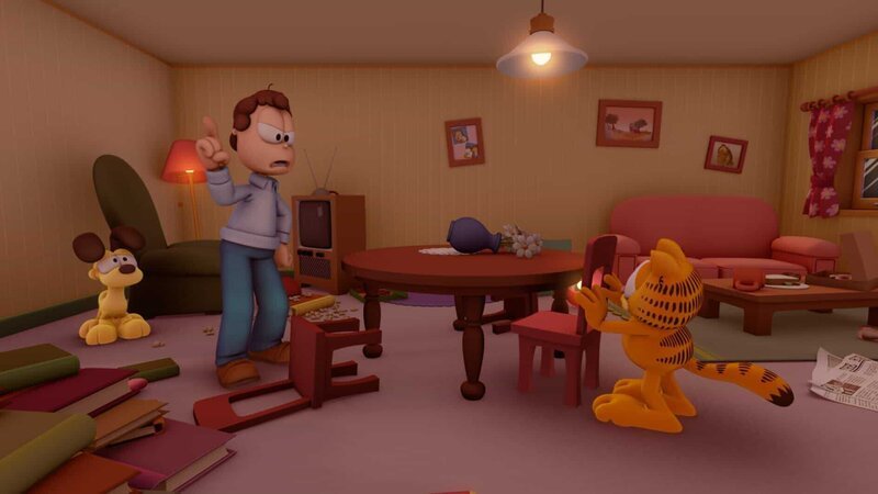 Jon ist sauer auf Garfield, weil sein Haus nach der Party, die Nermal veranstaltet hat, völlig verwüstet ist – Bild: HR/​DARGAUD MEDIA