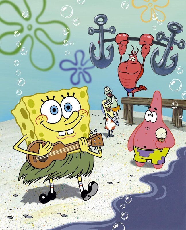 SpongeBob und seine Freunde veranstalten eine Fete. Um ein wenig Stimmung zu machen, hat SpongeBob seine Ukulele rausgekramt. – Bild: VIACOM INT.