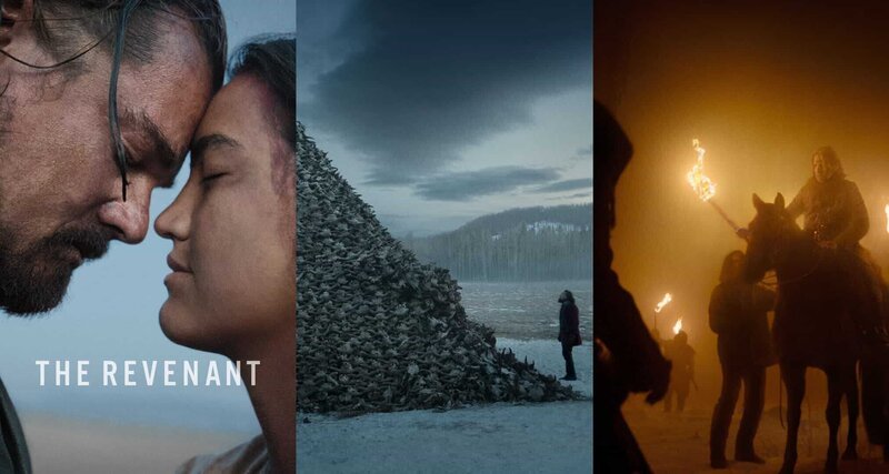 Das Grauen des Todes begleitet die Eroberung Nordamerikas durch europäische Einwanderer im 19. Jahrhundert. Links: Hugh Glass (Leonardo DiCaprio) in einem glücklichen Moment mit seiner Pawnee-Frau (Grace Dove) und vor den Resten eines Massakers (Mitte). Der Tod der Büffel entzieht den Ureinwohnern ihre Lebensgrundlage. Rechts: im Bild brandschatzende französische Jäger. – Bild: 2015 Twentieth Century Fox Film Corporation.  All rights reserved. Lizenzbild frei