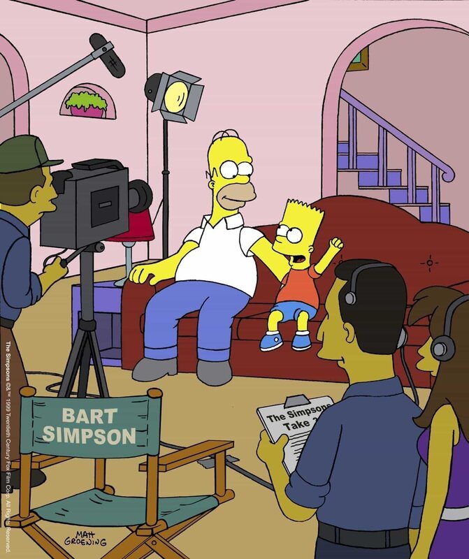Homer (hinten l.) und Bart (hinten r.) als Hauptdarsteller in der selbst gedrehten „Simpsons“-Serie. – Bild: und TM Twenthieth Century Fox Film Corporation – Alle Rechte vorbehalten Lizenzbild frei