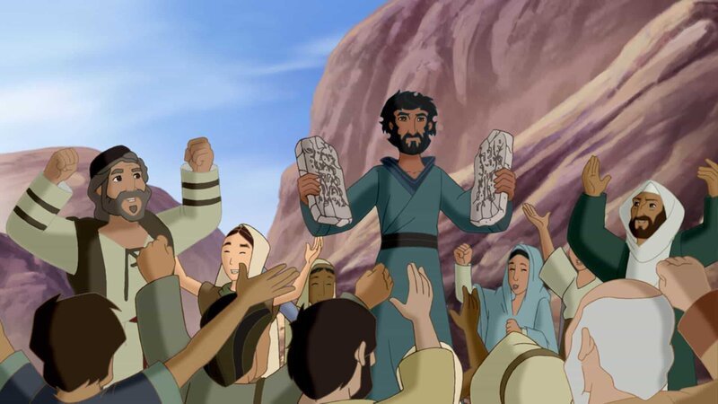 Moses erhält auf dem Gipfel des Berges Sinai die Gesetzestafeln mit den Zehn Geboten. – Bild: KiKA