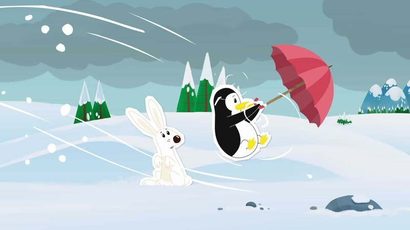 Pinguindame Lissy hat sich von Inui wegen des schlechten Wetters einen Schirm geliehen. Der Sturm bläst sie damit aber wie wild durch die Gegend. Loslassen kommt für sie bei etwas Geliehenem nicht in Frage. – Bild: ZDF/​JEP Animation