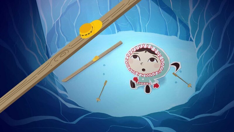Inui ist beim Skifahren in eine Gletscherspalte gefallen. Glücklicherweise hat sie kurz zuvor einen sprechenden Talisman gefunden – Ob der vielleicht einen guten Rat bereit hat, wie sie Hilfe bekommen kann? – Bild: ZDF/​JEP Animation
