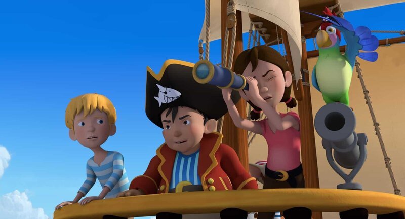 Auf der Suche nach großen Abenteuern sticht Käpt’n Sharky mit seinen Freunden Bonnie und Michi in See. – Bild: ZDF/​Caligari Film