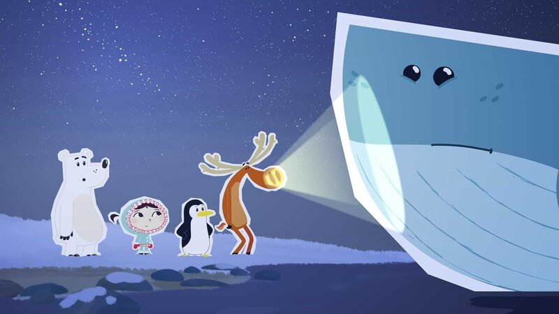 Elch Hubert hat beim Gähnen in der Nacht einen Stern verschluckt. Hier strahlt er gerade aus seiner Nase die Waldame Wiebke an. Lissy, Inui und Grumpel (v.l.n.r.) machen sich Sorgen um ihren Freund. – Bild: ZDF/​JEP Animation