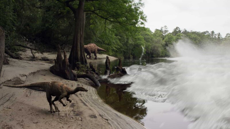 Die gewaltige Welle nach dem Asteroideneinschlag riss auch gute Schwimmer wie Thescelosaurus in den Tod. – Bild: ZDF und Lola Production /​ BBC./​Lola Production /​ BBC