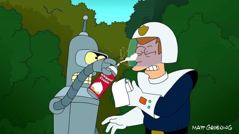 L-R: Auch nach dem Abschluss der Polizeiakademie hat Bender einfach keinen Respekt vor Fry – Bild: Paramount