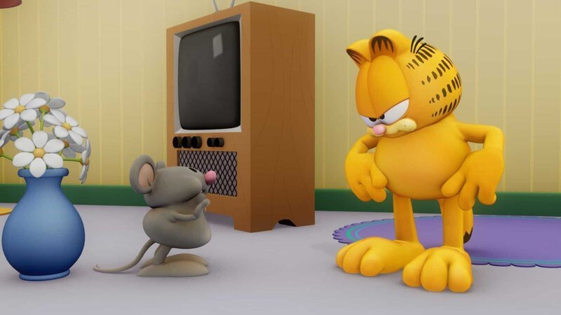 Die Hamsterratte Packy bringt Jon in große Schwierigkeiten. Jetzt ist es an Garfield und Odie Jon zu retten. – Bild: HR/​DARGAUD MEDIA