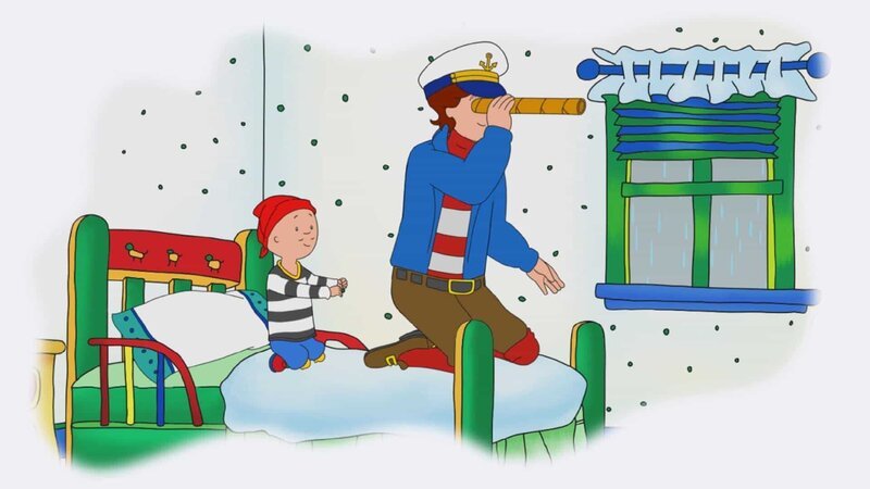Als Seeleute verkleidet, machen sich Caillou und sein Vater auf die Suche nach dem fehlenden Puzzle-Teil. – Bild: Super RTL
