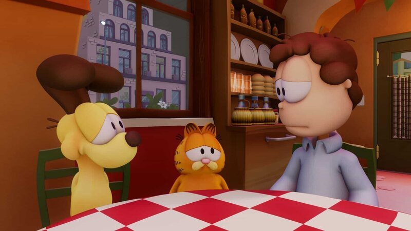 Odie, Garfield und Jon (v.l.n.r.) sind niedergeschlagen, weil Vito sein Talent zu Kochen verloren hat. – Bild: HR/​DARGAUD MEDIA