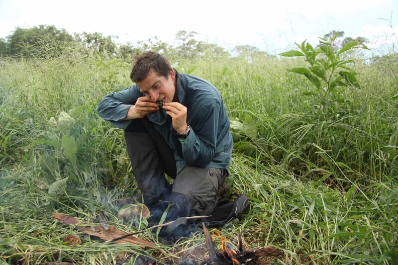Bear Grylls eating a bull frog in Zambia. – Bild: Discovery Communications