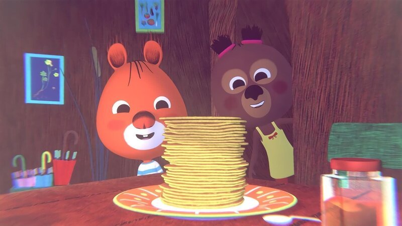 Edmund und Luzie verspeisen einen großen Berg leckerer Pfannkuchen zum Frühstück. – Bild: hr/​MIAM! Animation
