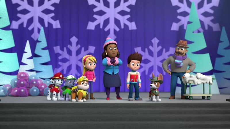 L-R: Marshall, Rocky, Rubble, Katie, Mayor Goodway, Ryder, Tracker, Mr. Porter – Bild: ANNÉE Spin Master PAW Productions Inc. All Rights Reserved. Paw Patrol and all related titles, logos and characters are trademarks of Spin Master Ltd. Nickelodeon and all related titles and logos are trademarks of Viacom International  …