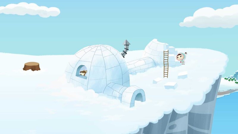 Das großspurige Wiesel Johnny hat Inui überredet, auf einer Eisklippe eine Art Iglu-Plast zu bauen. Inui lässt sich auf die Errichtung ein, ist aber gleichzeitig skeptisch. – Bild: ZDF/​JEP Animation