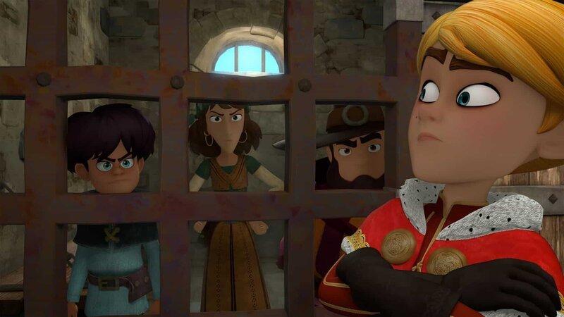 Prinz John (re.) entlässt drei Verbrecher aus dem Gefängnis, damit sie ihm Robin Hood bringen. – Bild: ZDF/​Method Animation 2021/​ZDF Studios/​KidsMe