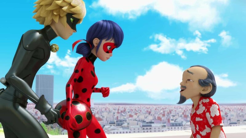 L-R: Cat Noir, Ladybug, Master Wang Fu – Bild: Disney