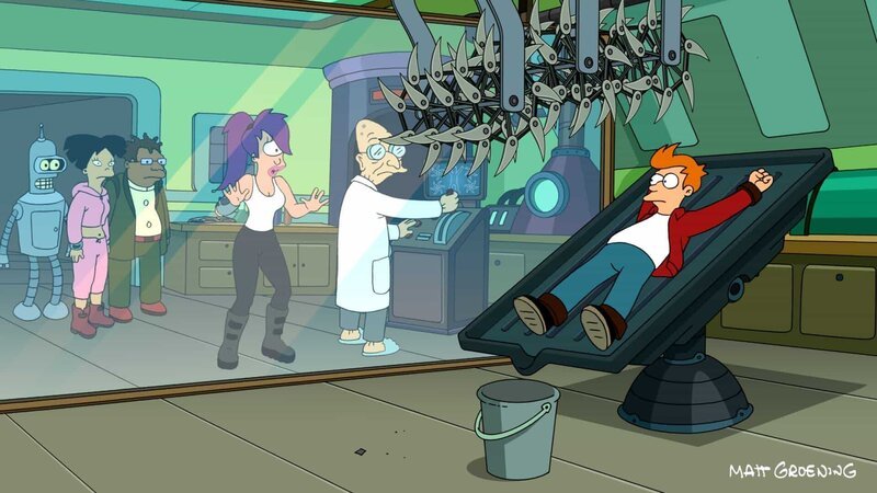 Eine kleine Erkältung hat noch keinem geschadet, denkt sich Fry (r.). Bender (l.), Amy (2.v.l.), Hermes (3.v.l.), Leela (3.v.r.) und der Professor (2.v.r.) sehen das jedoch ganz anders … – Bild: Paramount