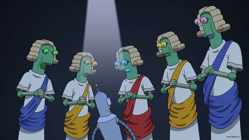 Bender (3.v.l.) steht wegen eines Verbrechens vor Gericht. Sein Anwalt greift allerdings zu einem brillanten Verteidigungskniff und somit wird er freigesprochen … – Bild: Paramount