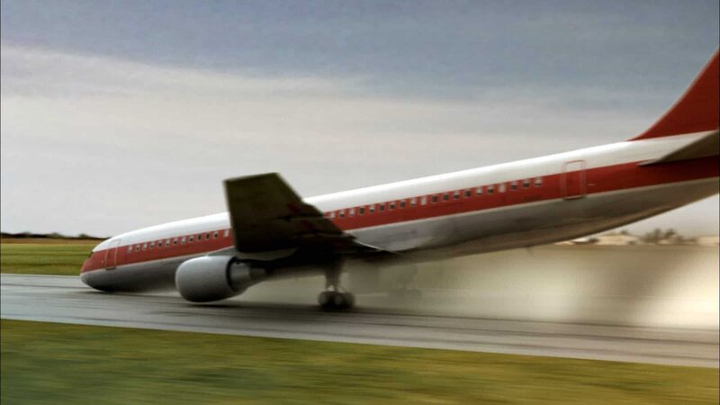 CGI: Plane sliding with nose down on runway – side view. – Bild: Cineflix