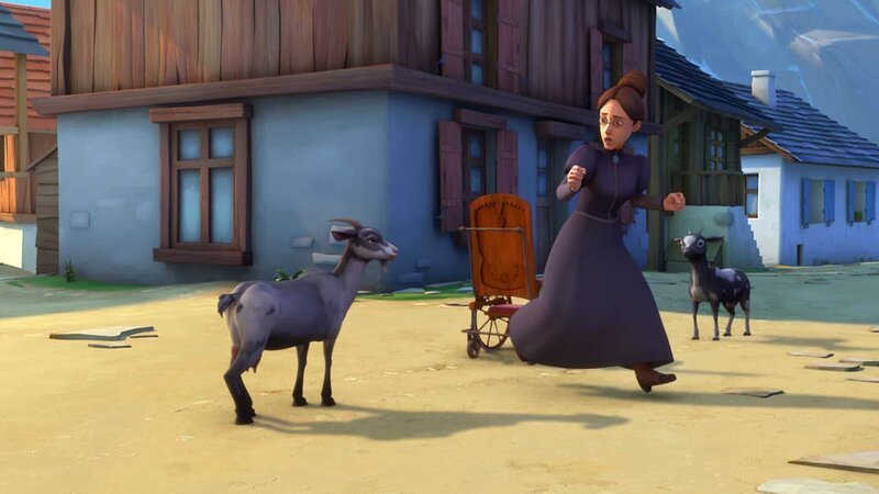 Fräulein Rottenmeier hat Angst vor zwei Ziegen. – Bild: ZDF/​Studio 100 Animation/​Heidi Productions Pty. Limited