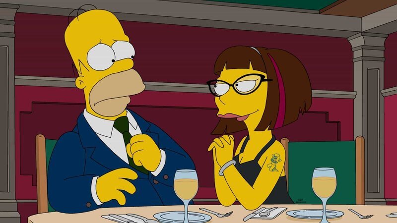 „Die Simpsons“, „Traumwelten.“ Nach der Diagnose einer ernsthaften Erkrankung werden Homer Medikamente verschrieben. Anstatt diese umgehend zu besorgen, lässt sich Homer jedoch lieber in Moes Bar volllaufen. Marge ist derart entsetzt über Homers Nachlässigkeit, dass sie sich nach einem Riesenkrach schlussendlich sogar von ihm trennt. Während Homer daraufhin der 20-jährigen Apothekerin Candace verfällt, lässt sich Marge mit einem gut situierten Mann ein, der für Candace ebenfalls kein Unbekannter ist. – Bild: 2015 Fox and its related entities. All rights reserved. Lizenzbild frei