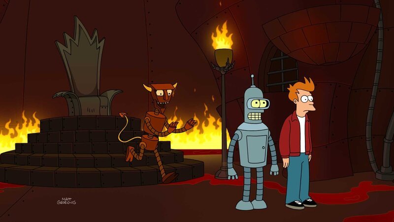 Seit Calculons tragischem Tod vor über einem Jahr sind Bender (M.) und Fry (r.) verzweifelt, denn ihre Lieblingsserie „Alle meine Schaltkreise“, in der Calculon die Hauptrolle gespielt hatte, ist nicht mehr das, was sie mal war … – Bild: Paramount