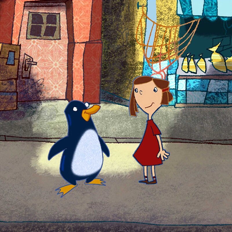 Jasper, der Pinguin erlebt gemeinsam mit dem Mädchen Emma immer neue Abenteuer in einer kleinen Stadt am Meer. – Bild: WDR/​Toons ‚N‘ Tales