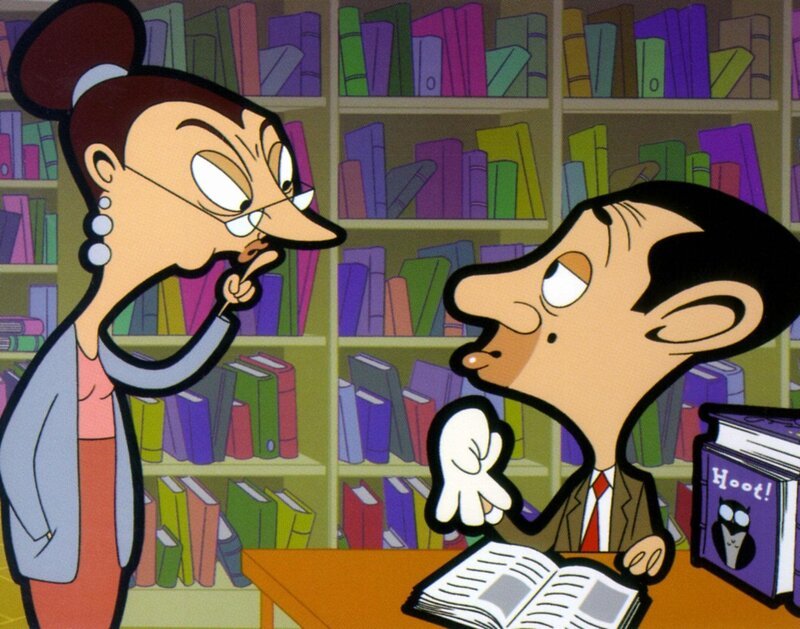 Wo Mr. Bean auftritt, stellt er nur Chaos an. Selbst in der Bibliothek schafft er es nicht, auch nur eine Minute still zu sein. – Bild: Cartoonito