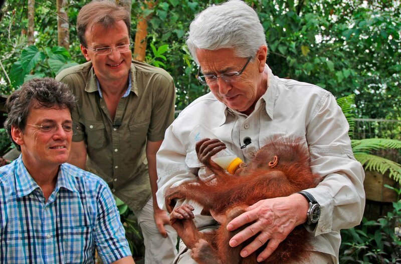 Unter der Aufsicht von Willie Smits und Matthias Reinschmidt gibt Frank Elstner Orang-Utan-Baby „Terra“ das Fläschchen – und bekam sofort wieder Vatergefühle. – Bild: ZDF und SWR/​Christian Ehrlich/​DOCMA TV.