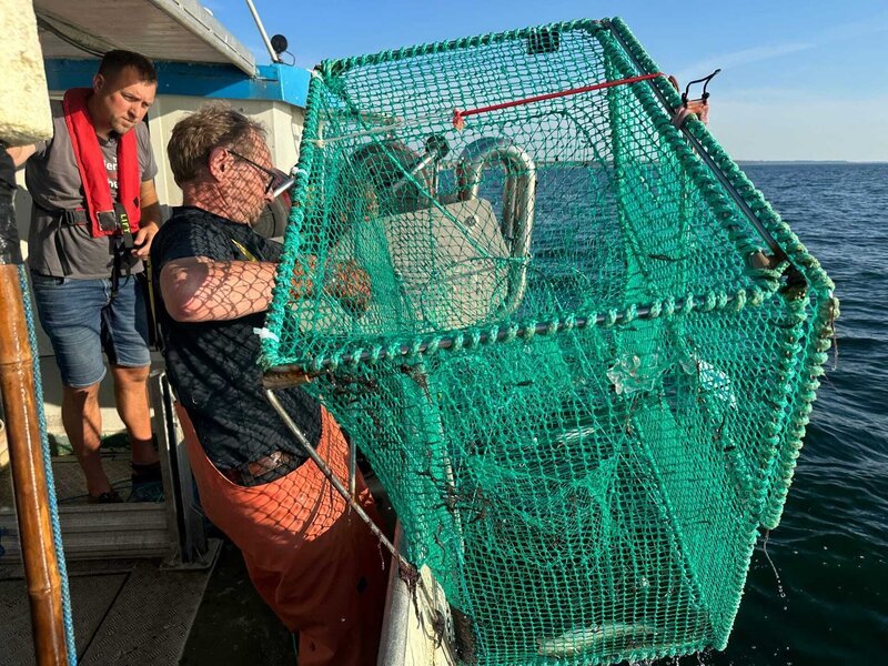 Gemeinsam mit Fischer Hans Henrik Petersen (r.) versucht Biologe Daniel Stepputtis (l.), die Effektivität von Fischfallen zu verbessern. – Bild: ZDF und Torsten Mehltretter