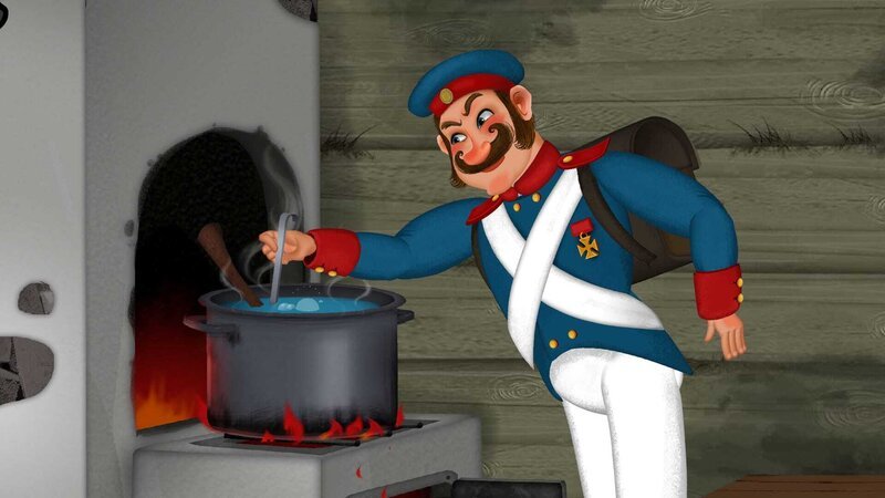 Der Soldat kocht die Axt in einem Kochtopf. – Bild: KiKA