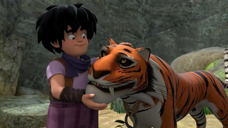 Little John stellt fest, dass der Tiger sich nicht wie ein wildes Tier benimmt. Etwas anderes muss hinter seinem Besuch in Nottingham stecken. – Bild: ZDF/​Method Animation 2021/​ZDF Studios/​KidsMe