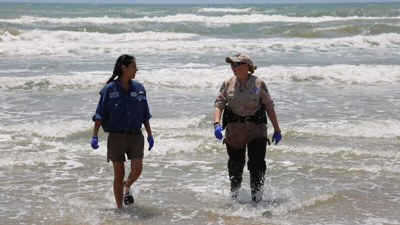 Warden Lerrin Williams and rehab worker Alyssa M. Barrett walk out of the ocean after releasing rehabilitated turtles. – Bild: Animal Planet /​ Discovery Communications